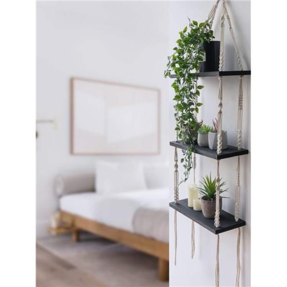 Macrame Shelf Hanging Shelves, Wooden Wall Shelf with Woven Rope, Black Shelves - Picture 4 of 6
